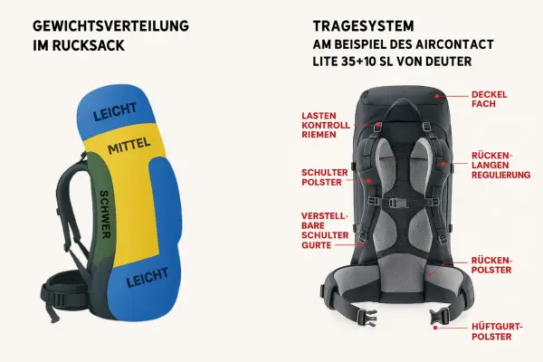 Rucksack mit farbiger Gewichtsverteilung (leicht, mittel, schwer) und detaillierter Ansicht des Tragesystems. Ideal für alle, die mit Rucksack joggen wollen.