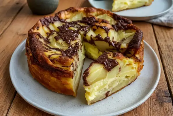 Un clafoutis aux pommes et chocolat, une recette clafoutis moelleux qui invite à la gourmandise. Une part est déjà servie.