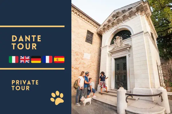 Famiglia in visita al Sepolcreto di Dante a Ravenna, con guida. Tour privati disponibili in varie lingue.