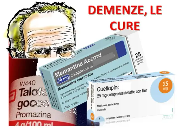 Volto anziano, scatole di farmaci per demenza: Memantina Accord, Quetiapinc e flacone di Talofen gocce.