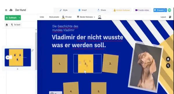 Ein digitales Plakat erstellen: Die Geschichte von Hund Vladimir, der nicht wusste, was er werden soll. Der Entwurf zeigt Text und Bilder.