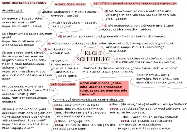 Die Grafik erklärt die Rechtschreibung, z.B. die Wortbedeutung von "wieder" und "wider" und wann man "das" oder "dass" schreibt.