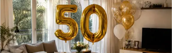 Globos dorados con el número 50, listos para celebrar. ¡Perfectos para encontrar frases divertidas para felicitar 50 cumpleaños!