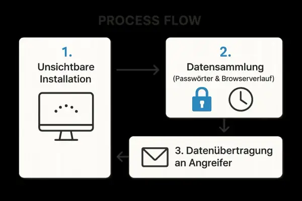 Prozessablauf eines Spyware-Angriffs: Unsichtbare Installation, Datensammlung (Passwörter, Browserverlauf) und Datenübertragung an Angreifer.