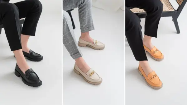 Eleganckie loafersy i mokasyny w kolorach czarnym, beżowym i pomarańczowym. Idealne do stylizacji z klasycznymi spodniami.