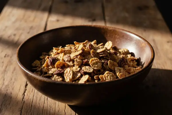 Schüssel mit knusprigem Müsli, perfekt für ein schnelles Frühstück aus dem Airfryer.