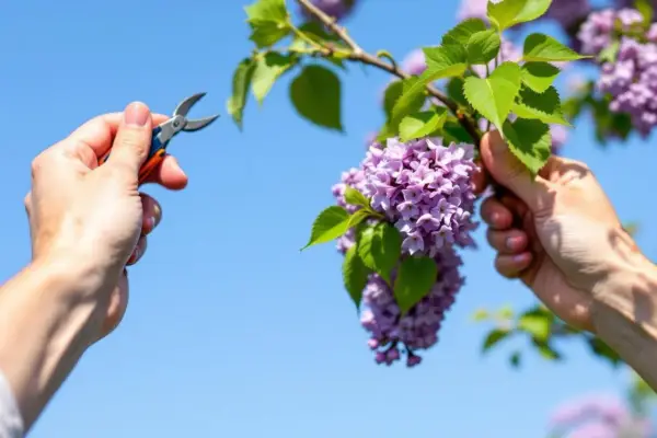 Quand tailler les lilas : une main tient un sécateur, l'autre saisit une branche de lilas en fleurs sous un ciel bleu.