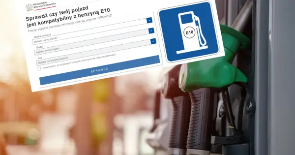 Formularz sprawdza kompatybilność pojazdu z benzyną E10. Obok widoczny znak stacji paliw z symbolem E10.