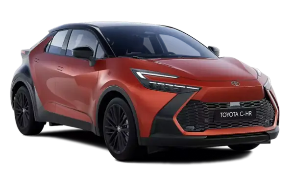 Pomarańczowy Toyota C-HR z czarnym dachem. Sprawdź jego wymiary i nowoczesny design.