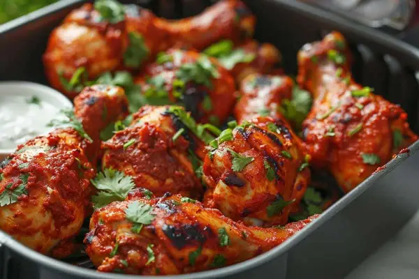 Un plat de poulet tandoori, bien épicé et garni de coriandre fraîche, prêt à être dégusté.