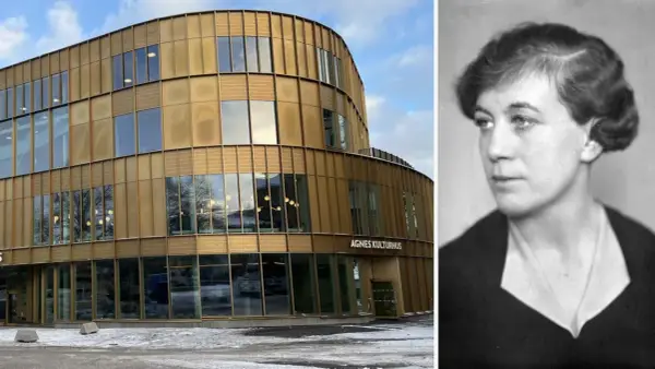 Agnes kulturhus, en modern byggnad i guld, bredvid ett porträtt av författaren Agnes von Krusenstjerna.