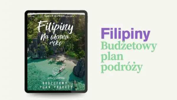 Filipiny na własną rękę – budżetowy plan podróży. Tropikalna wyspa z palmami i łodzią na turkusowej wodzie.