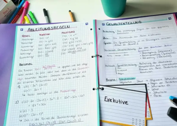 Ein Spickzettel mit Mathe-Formeln zur Ableitung und zum Thema Gewaltenteilung.
