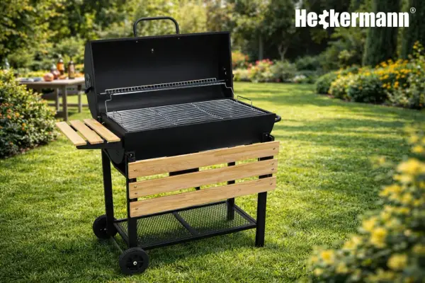 Nowy grill Heckermann czeka na rozpalenie. Wystarczy kilka prostych kroków, by cieszyć się smakiem potraw z rusztu w ogrodzie.