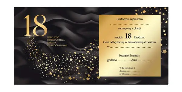 Eleganckie zaproszenie na 18 urodziny. Złota liczba 18 i gwiazdki na czarnym tle. Tekst: "Serdecznie zapraszam na imprezę z okazji moich 18 Urodzin...".