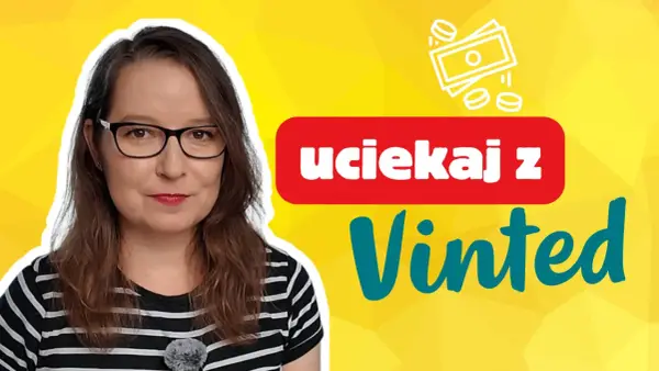 Kobieta w okularach na tle żółtym z napisem "uciekaj z Vinted". Czy to sposób na zarabianie na Vinted?