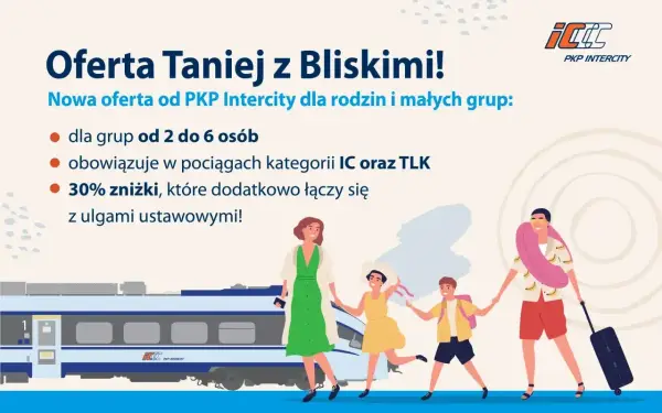 Rodzina kupuje intercity bilety na pociąg PKP Intercity. Oferta "Taniej z Bliskimi" dla grup 2-6 osób, z 30% zniżką.
