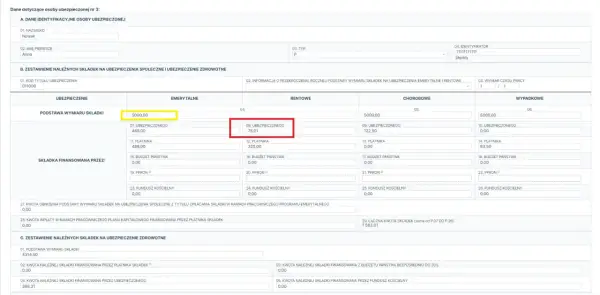 Anna Nowak, ubezpieczona, ma podstawę wymiaru składek 5000,00. W sekcji rmua widnieją kwoty składek na ubezpieczenia.
