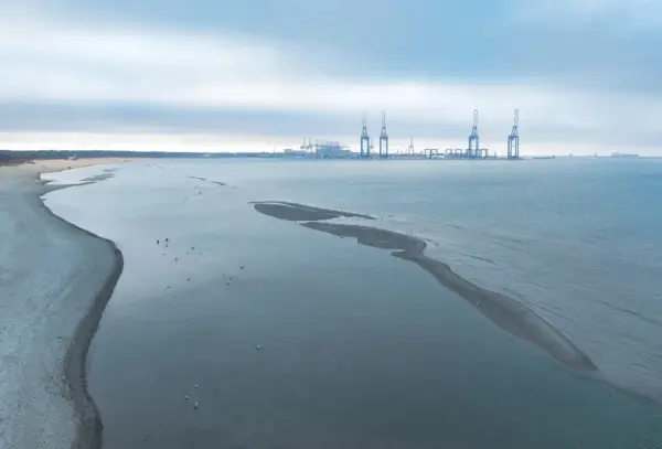 Plaża i morze z widocznym odpływem. W oddali port z dźwigami.