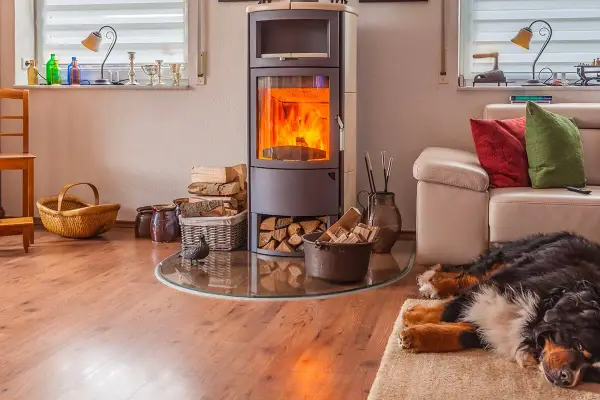 Un poêle bouilleur mixte crépite, réchauffant le salon où un chien dort paisiblement sur un tapis. Bois et paniers complètent ce tableau cosy.
