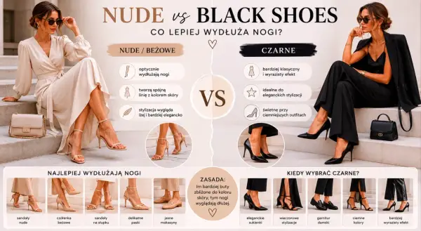 Beżowe buty do czarnej sukienki – porównanie, które optycznie wydłuża nogi. Stylizacje z beżowymi i czarnymi butami.