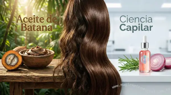 Aceite de Batana: un tesoro natural para un cabello radiante. Muestra un antes y después de cabello, con ingredientes como la batana y cebolla.