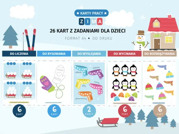 Zimowe karty pracy dla dzieci: liczenie, rysowanie, wyklejanie, wycinanie i rozwiązywanie zadań.