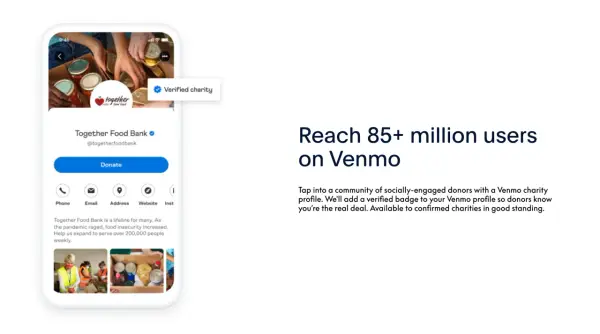 Together Food Bank's verified charity profile on Venmo, ready to receive donations from millions.
