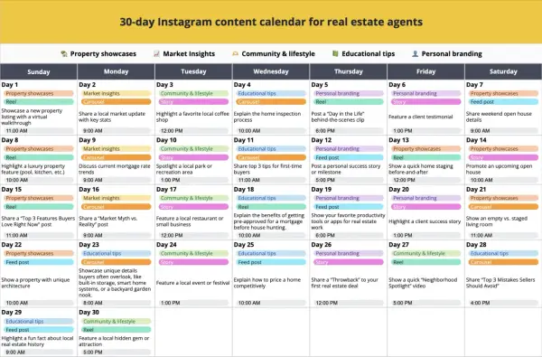 Calendario de contenido de Instagram para agentes inmobiliarios. Planifica tu mes para hacer calendario de publicaciones.