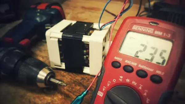 Narzędzia i transformator, potencjalne odpady elektroniczne, czekają na diagnozę multimetrem.