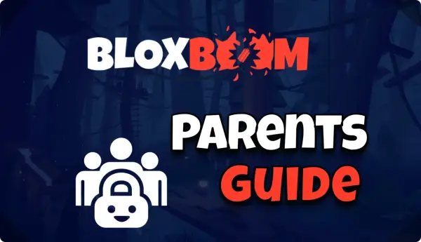 Grafika z logo "Bloxboom", ikoną rodziny z kłódką i napisem "PARENTS GUIDE".