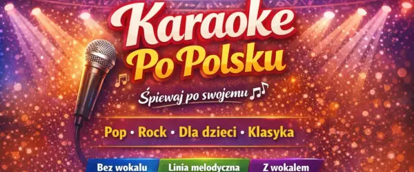 Mikrofon na scenie z reflektorami. Napis "Karaoke Po Polsku" zaprasza do śpiewania. Znajdziesz tu łatwe piosenki na karaoke polskie, od popu po klasykę.