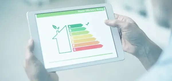 Persona revisa en tablet la validez del certificado energético de una casa, mostrando una escala de eficiencia.