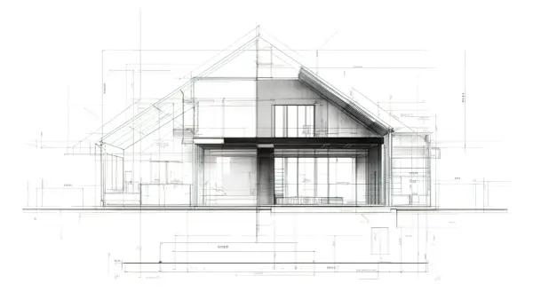 Szkic architektoniczny przedstawiający przekrój domu z widoczną elewacją frontową, wymiarami i detalami konstrukcyjnymi.