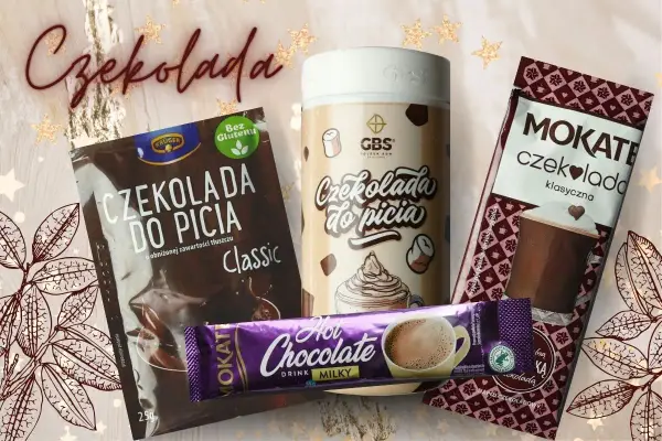 Zestaw produktów: czekolada do picia w saszetkach, słoik i opakowanie. Idealne na zimowe wieczory.