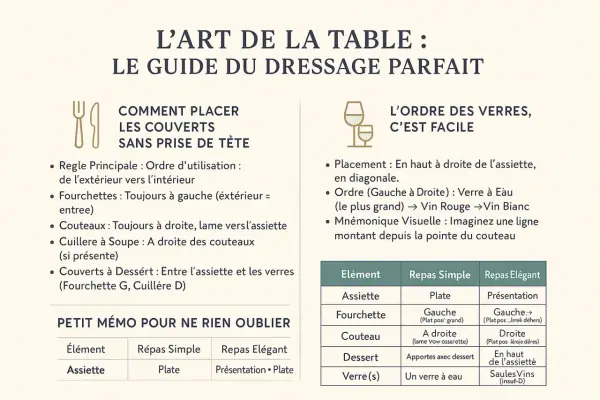 Guide pour poser les couverts à la française : fourchettes à gauche, couteaux à droite, lame vers l'assiette. Le dessert se place entre l'assiette et les verres.