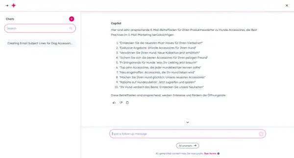 Copilot schlägt zehn ansprechende E-Mail-Betreffzeilen für Hunde-Accessoires vor. Was ist ein guter Betreff? Diese hier wecken Interesse und fördern Öffnungsraten.