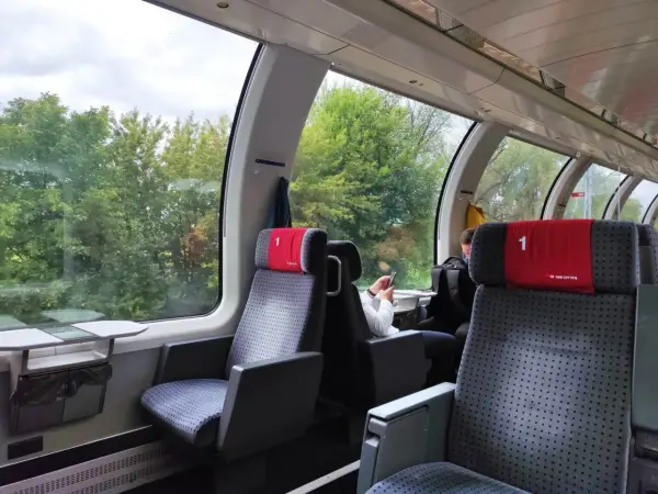 Wnętrze wagonów IC 3806 Malczewski. Siedzenia w pierwszej klasie, widok na zielone drzewa za oknem.
