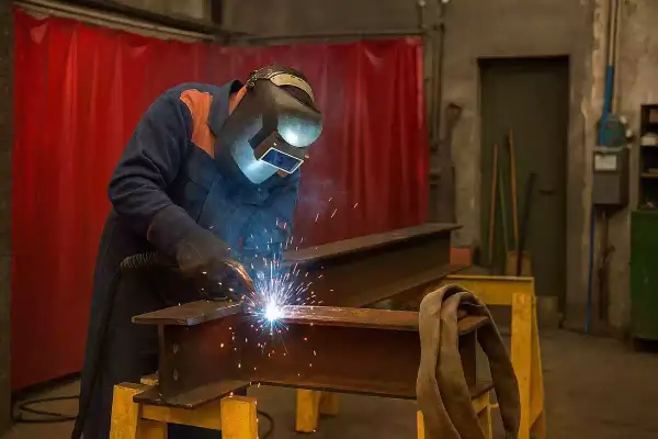 Spawacz w masce ochronnej pracuje przy stanowisku spawalniczym, tworząc jasny łuk elektryczny i iskry na metalowych belkach.