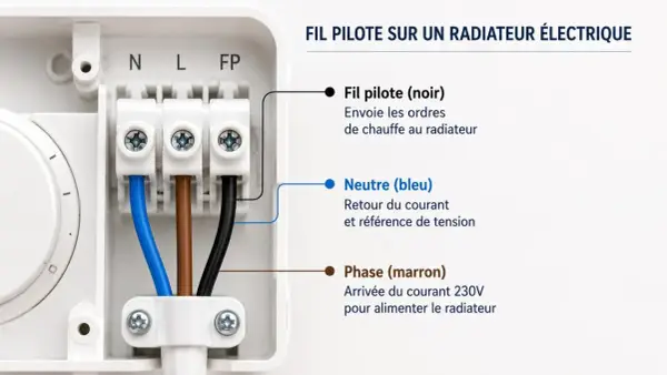 Branchement convecteur électrique : fil pilote noir, neutre bleu et phase marron connectés. Le fil pilote envoie les ordres de chauffe.