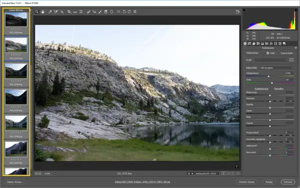 Edycja zdjęcia górskiego jeziora w Camera Raw 9.1.1. Widok panelu z ustawieniami balansu bieli i temperatury.