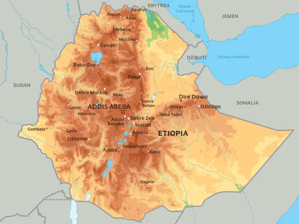 Mapa polityczna Etiopii z zaznaczonymi miastami i sąsiadującymi krajami, pokazująca gdzie leży Etiopia.