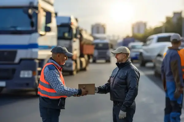 Kierowcy ciężarówek wymieniają paczkę. Czy podróż służbowa wlicza się do czasu pracy? Słońce zachodzi nad drogą pełną pojazdów.