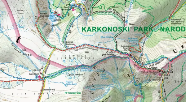 Mapa Karkonoszy, części Sudetów, z zaznaczonymi szlakami, schroniskami i szczytami, w tym Śnieżką.