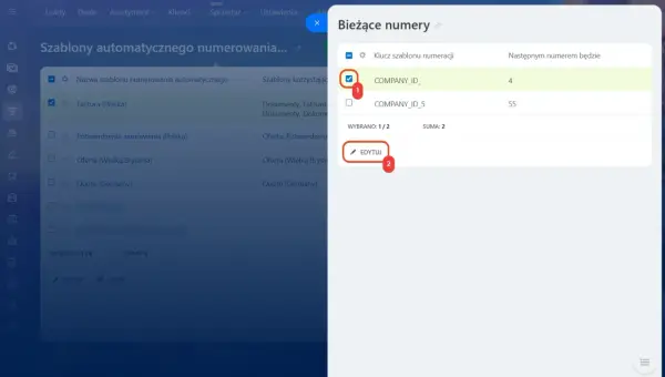 Widok edycji szablonów automatycznego numerowania w Excelu. Wybrano szablon "COMPANY_ID", który będzie następnym numerem 4.