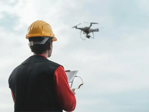 Operator drona w żółtym kasku steruje maszyną za pomocą tabletu.