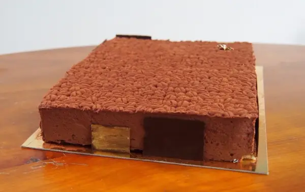 Gâteau rectangulaire au chocolat, décoré d'une texture rappelant des grains de café. Une recette insert crémeux café qui promet une dégustation exquise.