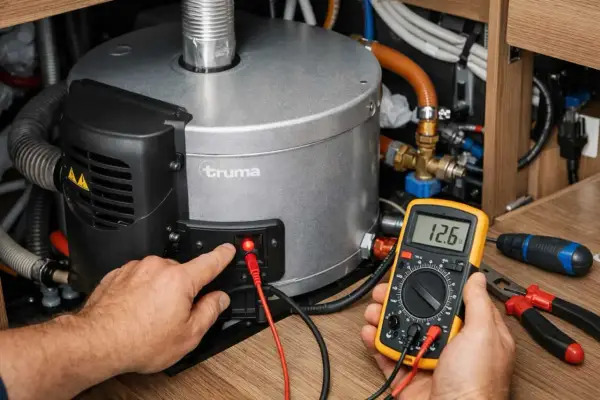 Maintenant, je vérifie le voltage du chauffe-eau de mon camping-car.