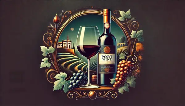 Ein Glas und eine Flasche Portwein, umrahmt von Weinreben und einer Landschaft mit Weinbergen. Der volle **portwein geschmack** verspricht Genuss.