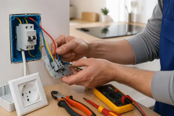 Un électricien connecte un section cable plaque induction. Outils et prises à proximité.